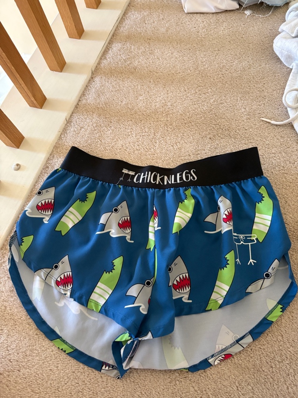 Women’s shark Chicknlegs running shorts.